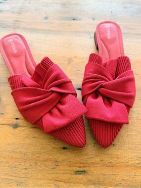 VIVAIA Red Bow Mules 39 Pointed Toe Knit Slip On Flats Chic Statement